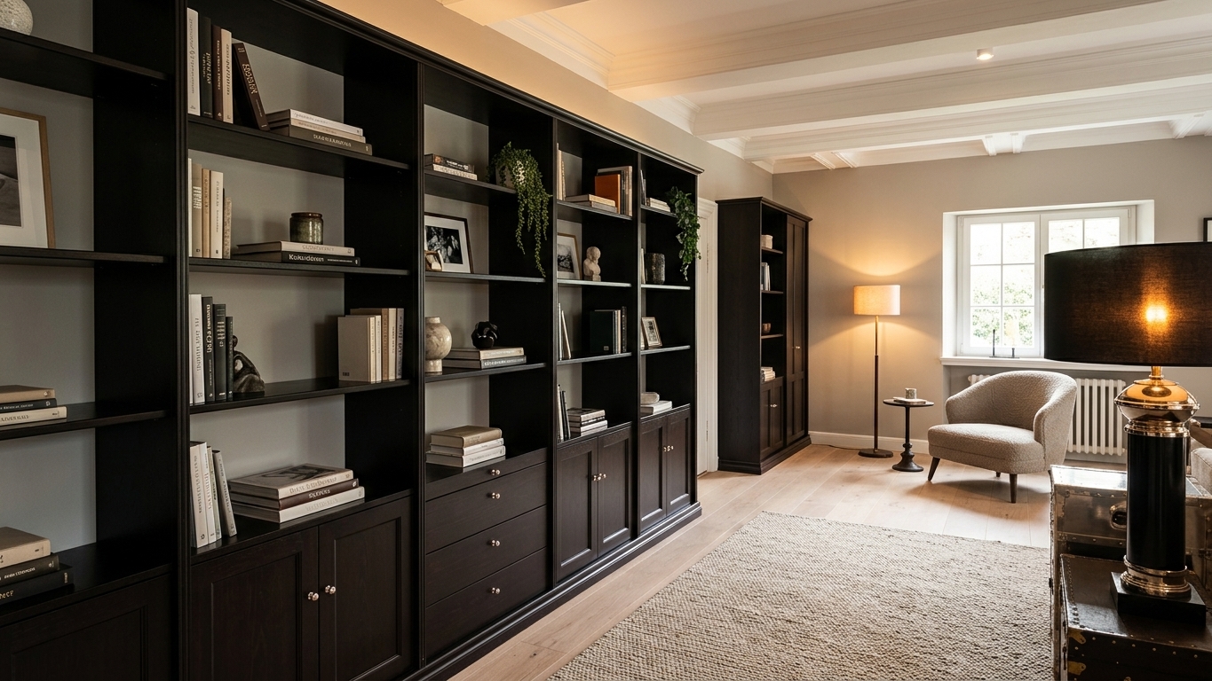 Großzügiges Bücherregal und Einbauschrank aus Massivholz