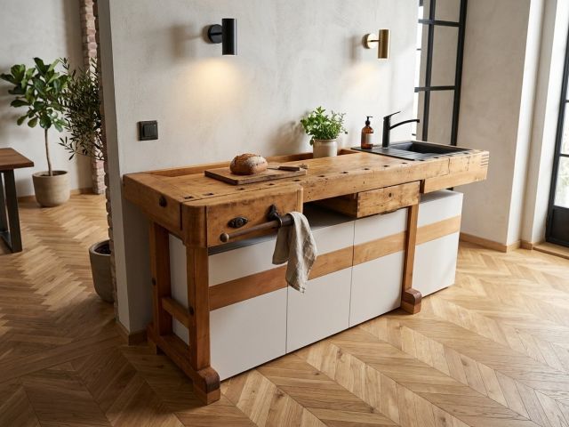 Alte Hobelbank in neuer Funktion