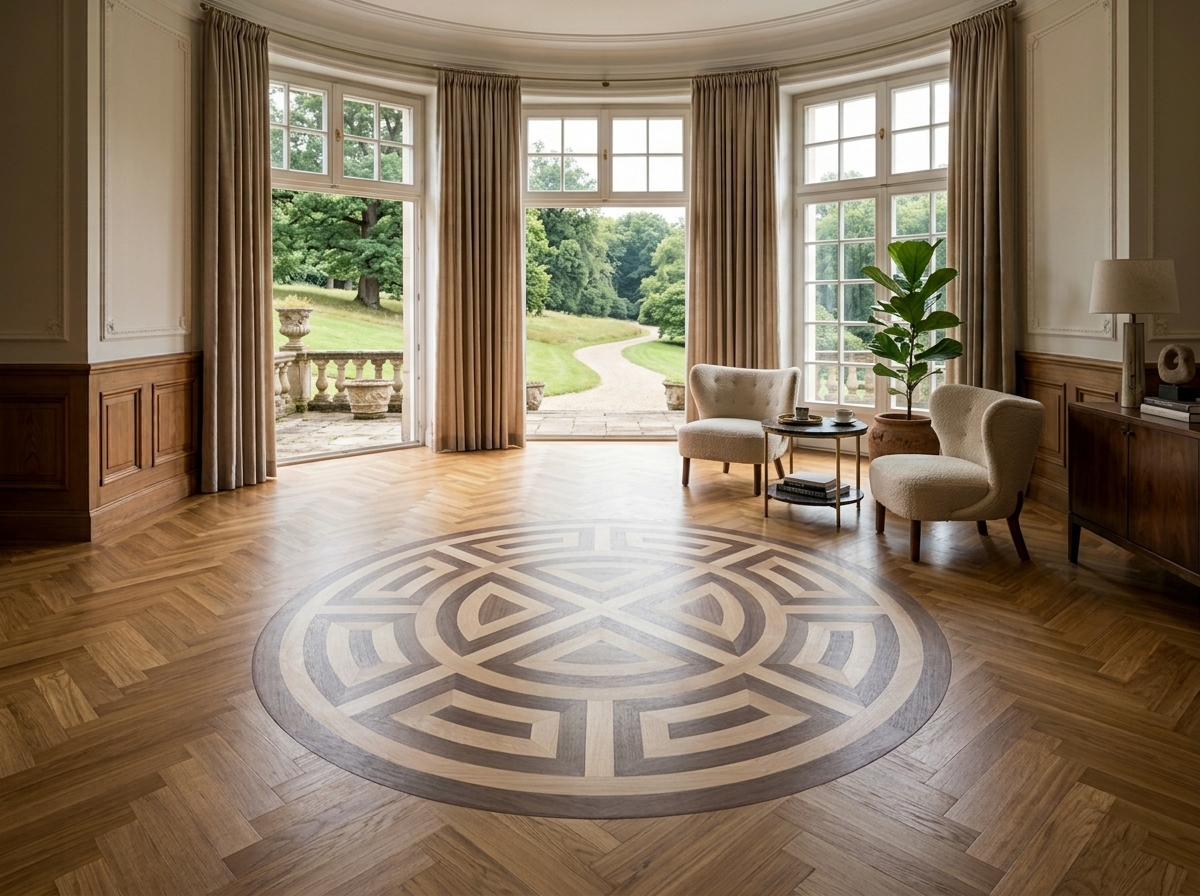 Parkettboden mit eingelegtem geometrischem Medaillon